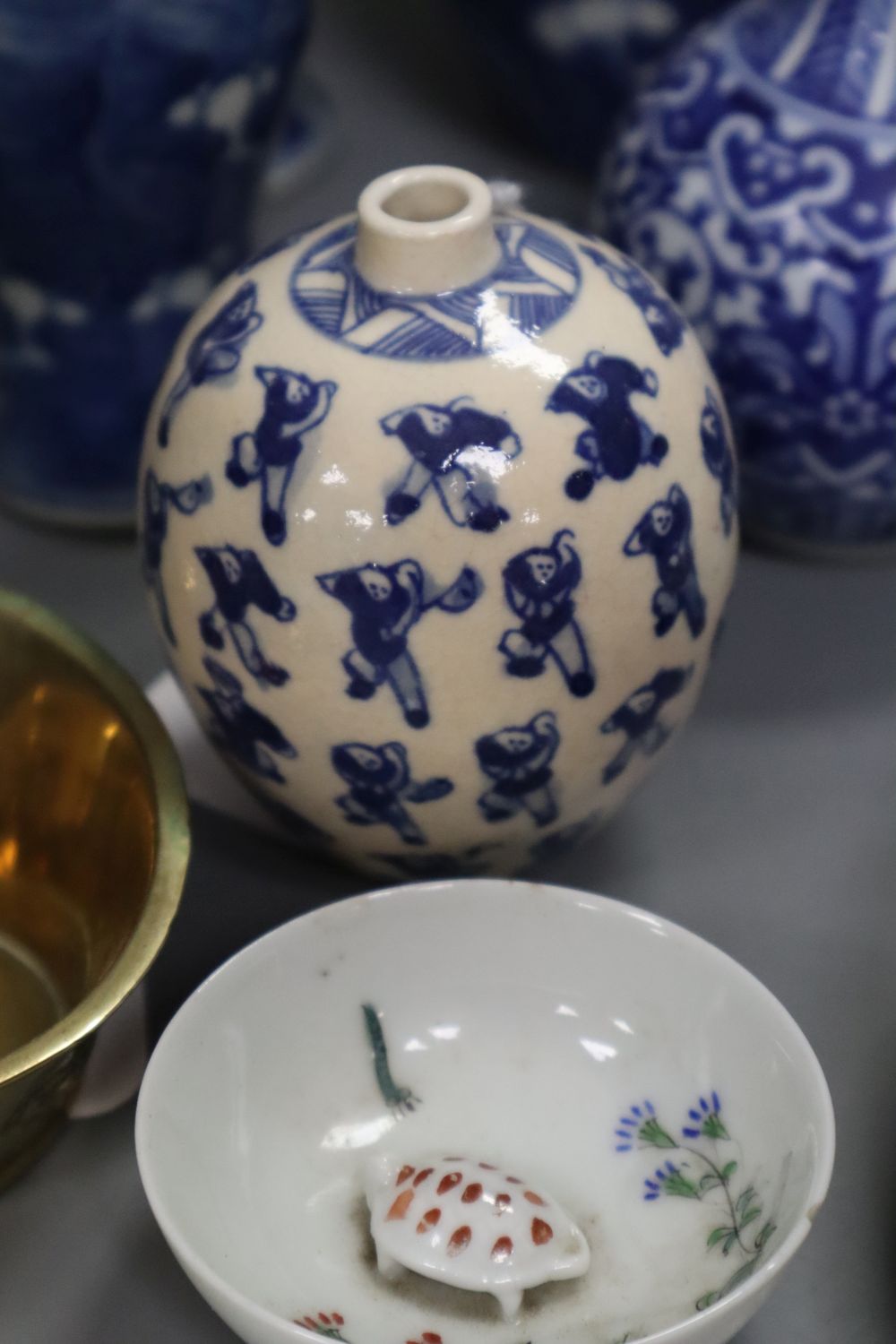 A Chinese Hundred Boys miniature ovoid vase, six-character mark, H 8cm and a collection of other Asian ceramics, max height 19cm